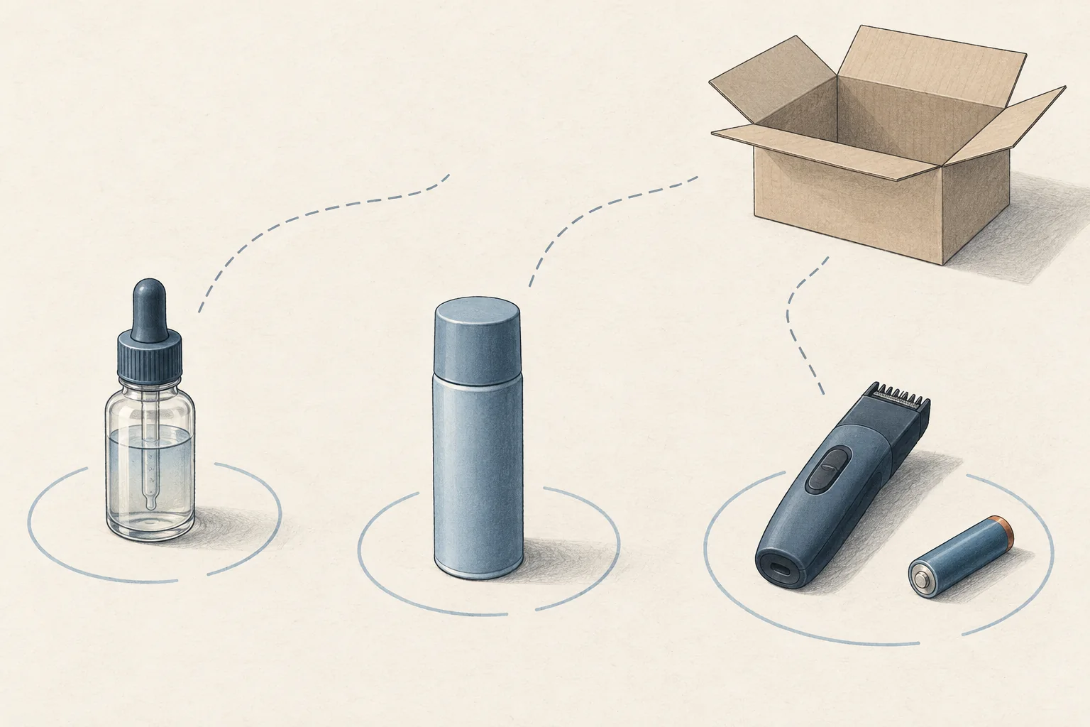 A serum bottle, aerosol can and battery-powered device separated for review beside an open shipping box.