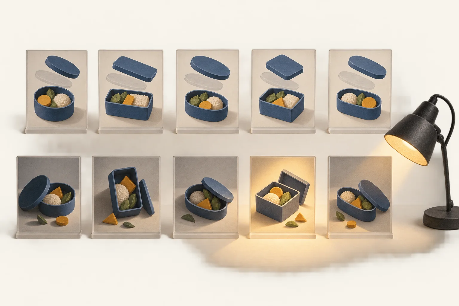 Two rows of five illustrated video frames compare a recurring product demonstration sequence with unrelated scenes.