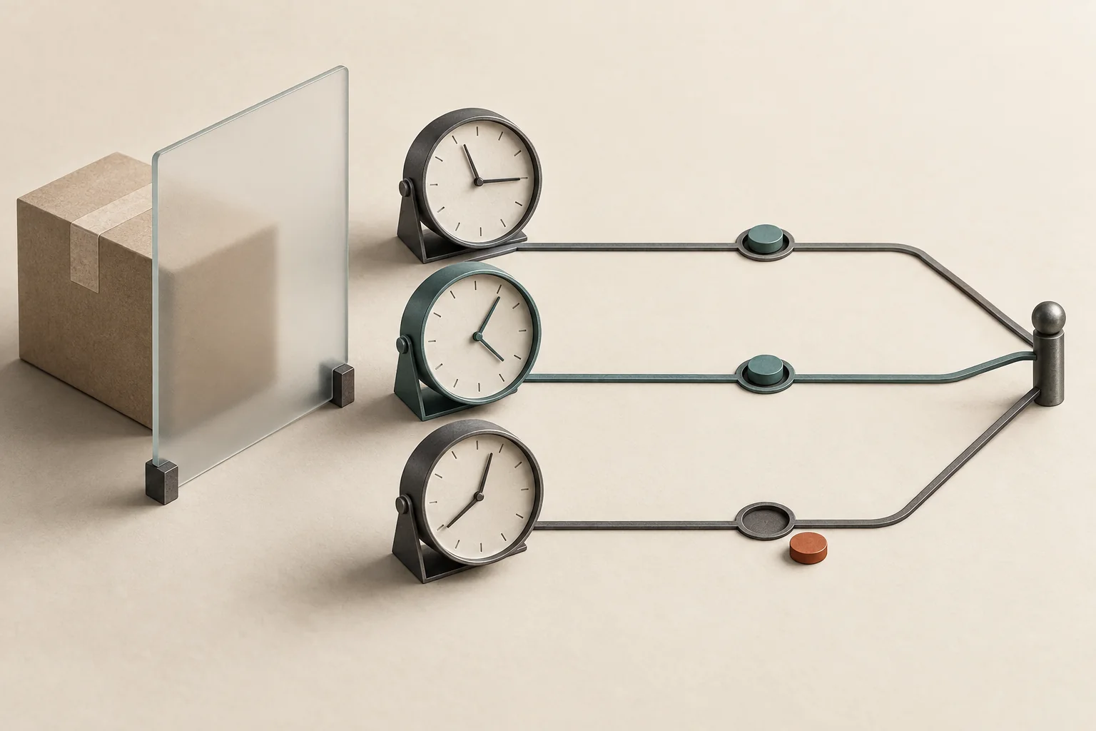 Three separate clock mechanisms converge on one release point beside a sealed product box and a row of acknowledgment tokens.