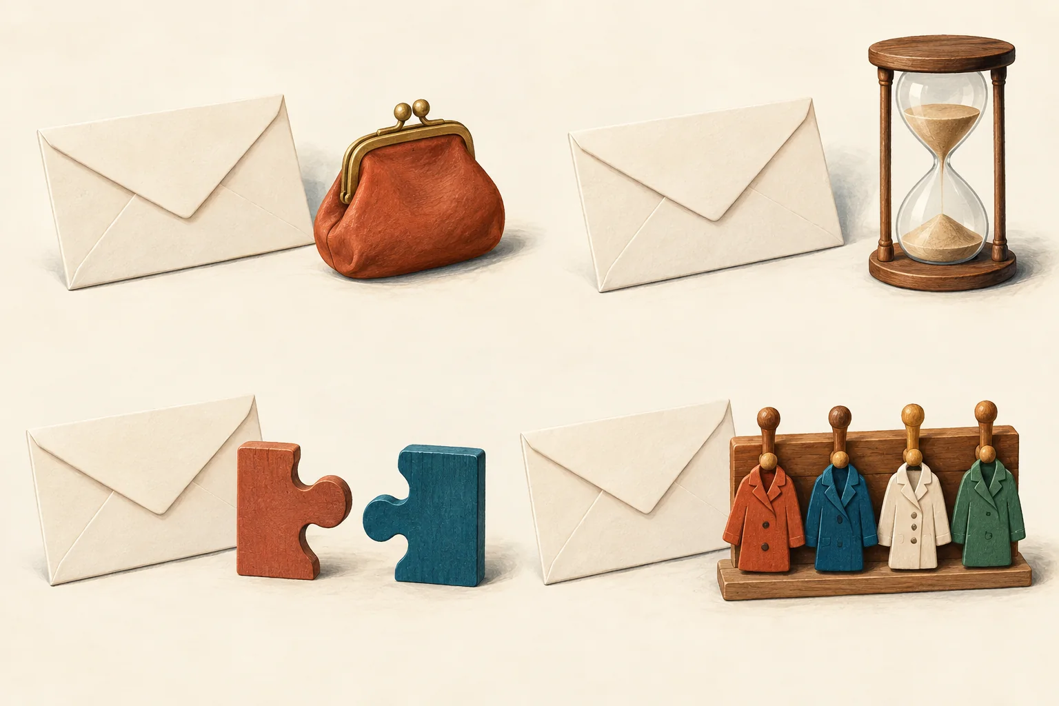 Four closed envelopes beside a coin purse, an hourglass, separated puzzle pieces, and a full row of pegs.
