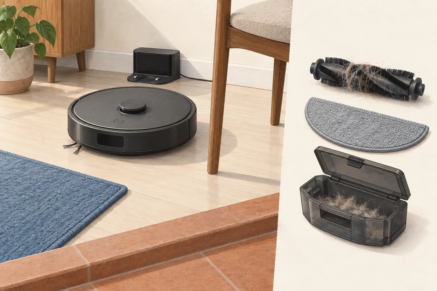 A robot vacuum beside rug, threshold, cleaning brush, and removable parts, showing the household conditions a review should examine.
