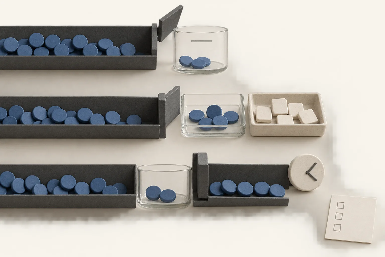 Three separate channels of blue tokens show a shortfall, a metric mismatch and delivery arriving beyond a timing gate.