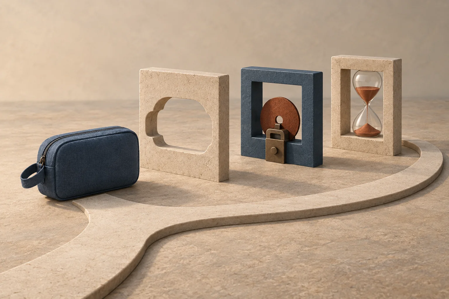 A travel pouch passing through three inspection frames beside a sound disc and an hourglass, illustrating fit, rights, and timing checks.