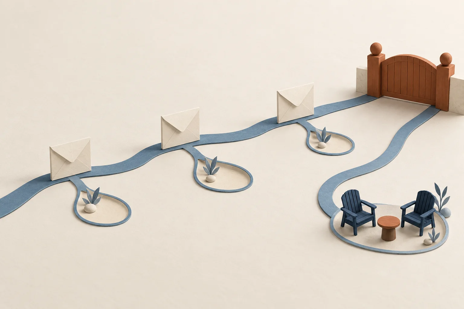 Three spaced envelopes on a branching path, with a closed gate stopping further messages and a side path leading to a conversation.
