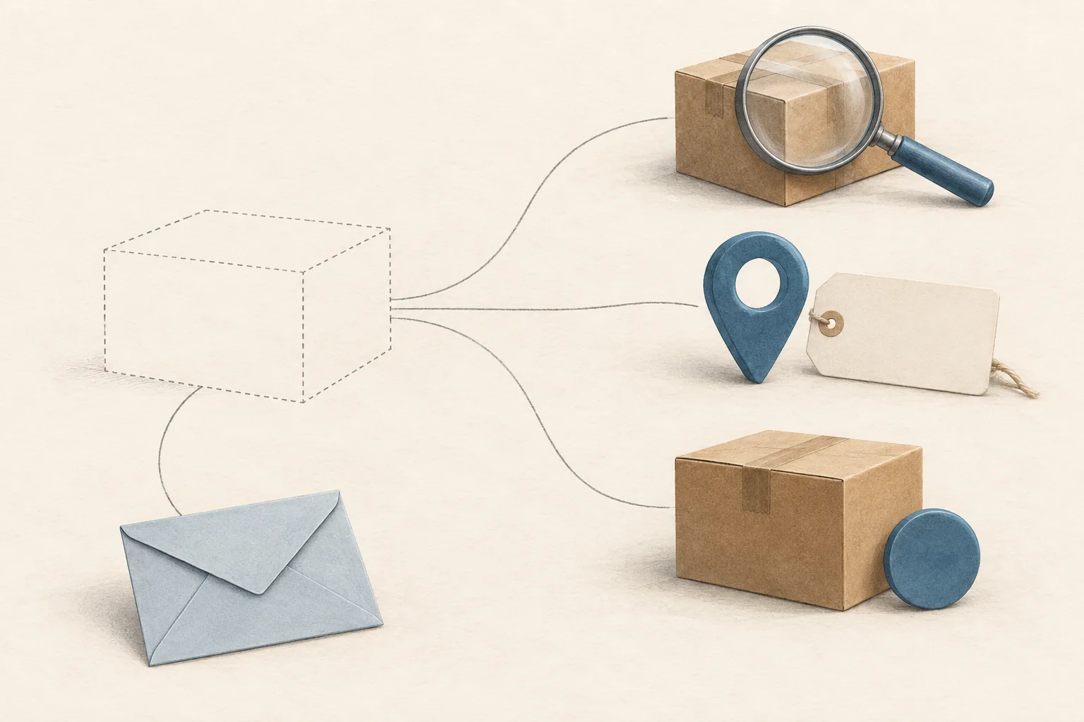 A missing parcel outline branches into a magnifying glass, a location pin and a replacement box, with one reply envelope below.