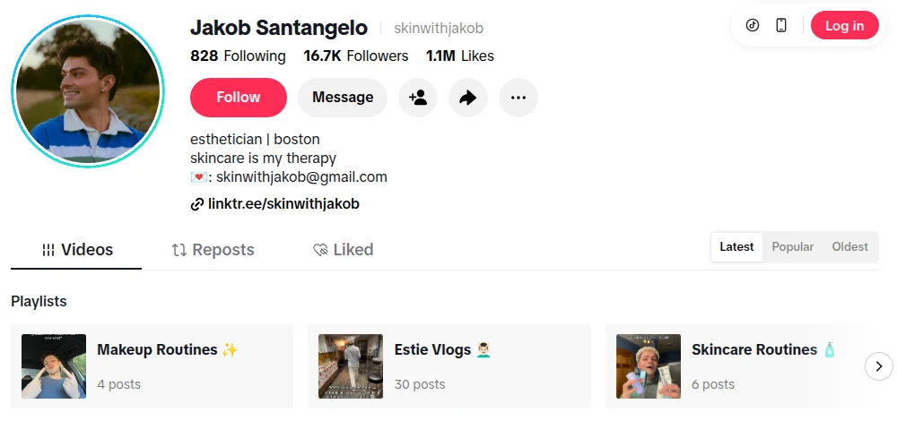 Screenshot of the TikTok profile of skinwithjakob, Jakob Santangelo, with 16.7K followers. The bio reads esthetician, boston, skincare is my therapy, and gives a Gmail address and a Linktree link.