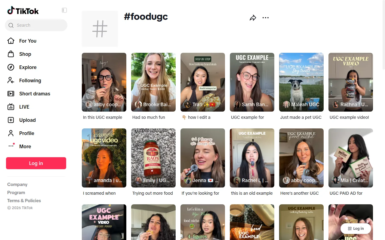 Screenshot of TikTok's #foodugc tag page, signed out. The grid shows videos with text such as UGC example, niche food, UGC example video, food and bev UGC example video and step by step how I edit my brand deals.