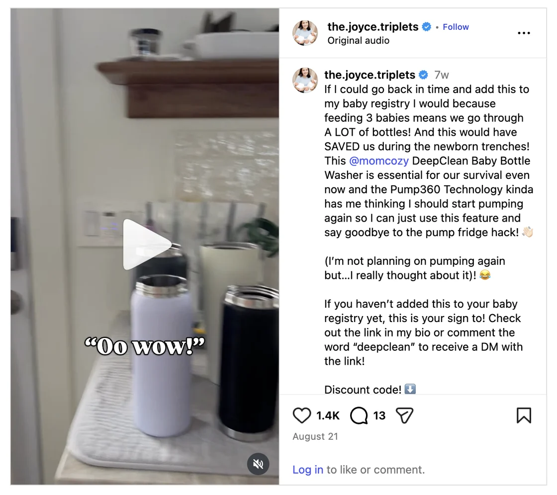 the.joyce.triplets가 2026년 8월 21일에 올린 Momcozy DeepClean 젖병 세척기 인스타그램 릴스 화면. 좋아요 1.4K, 댓글 13개.