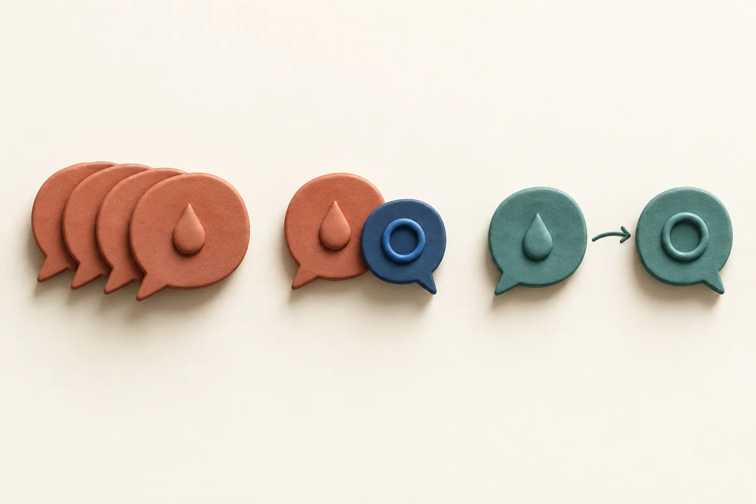 Repeated speech shapes grouped together while distinct replies and an updated response remain separate.