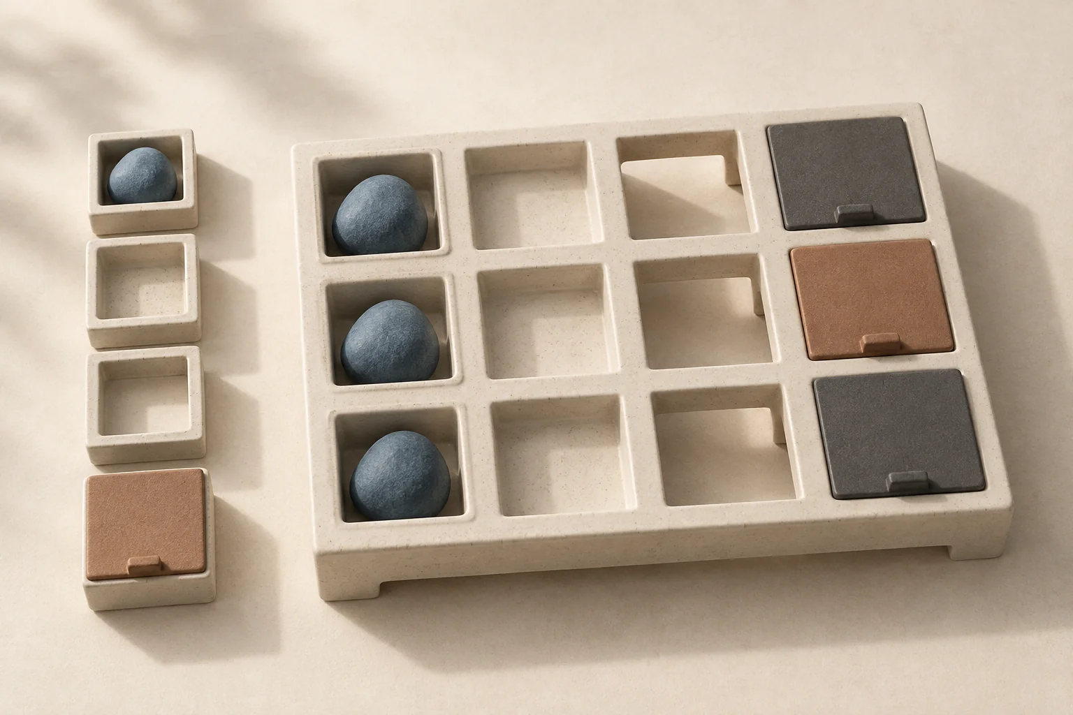 A ceramic sorting tray separates filled, empty, absent and covered compartments to illustrate different campaign data states.