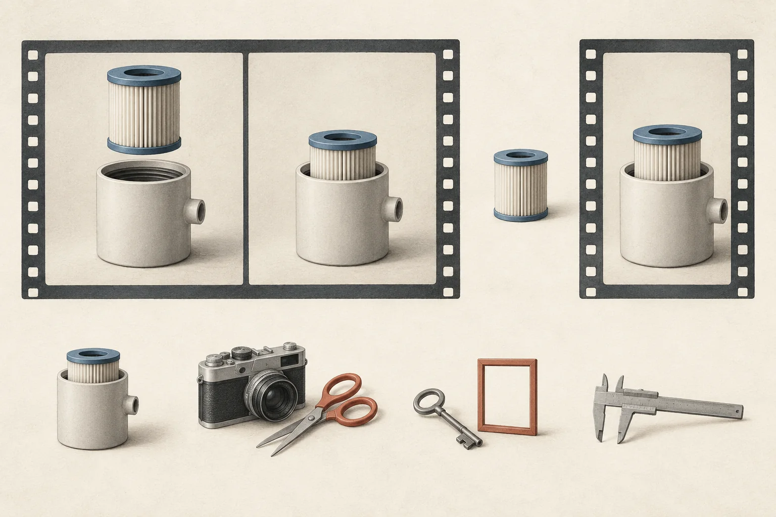 A wide film frame and a vertical film frame show the same filter-fitting task, with separate production, permission and measurement objects.