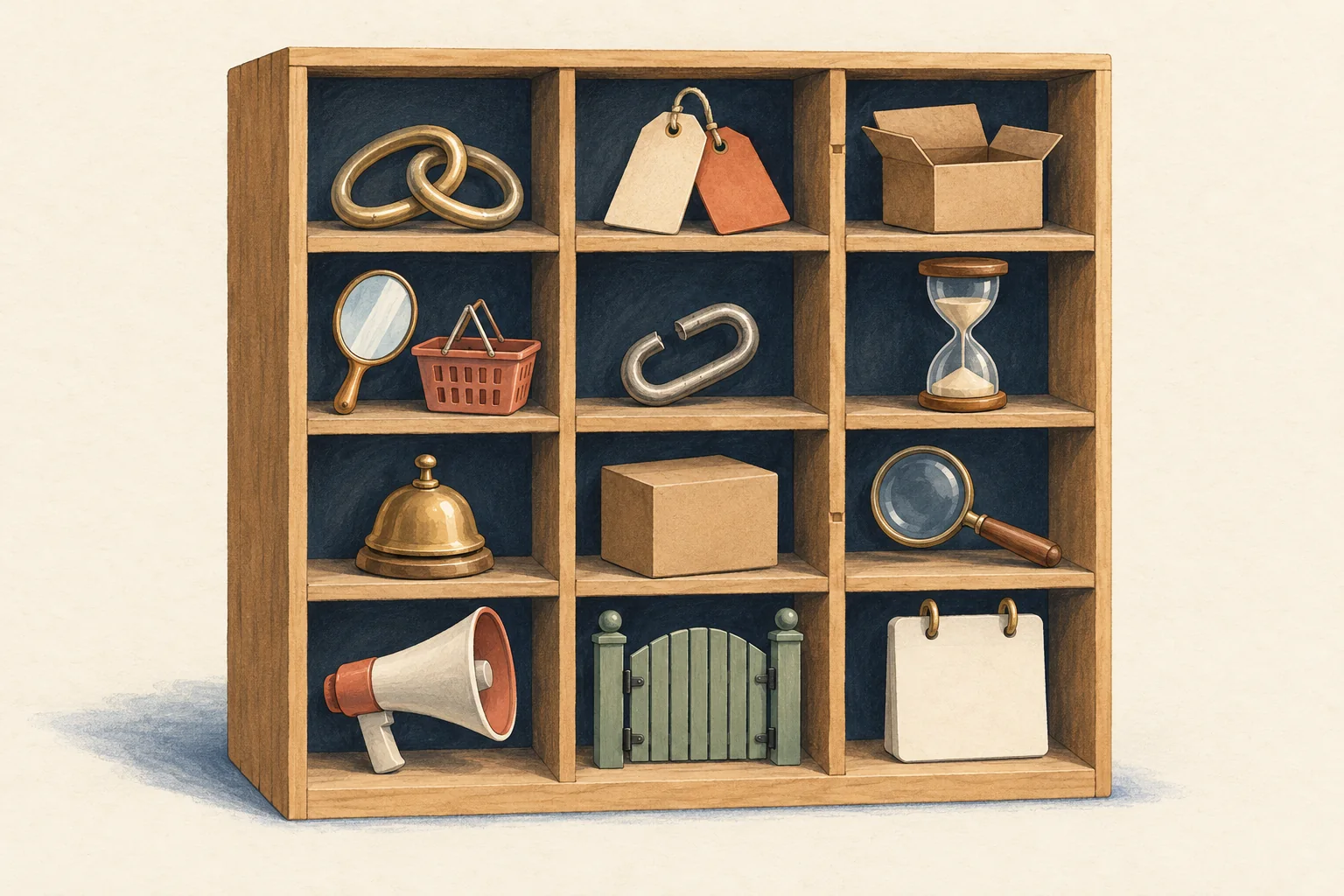 Twelve open compartments hold distinct objects for affiliate questions, including linked rings, paired tags, a returned parcel and a support bell.