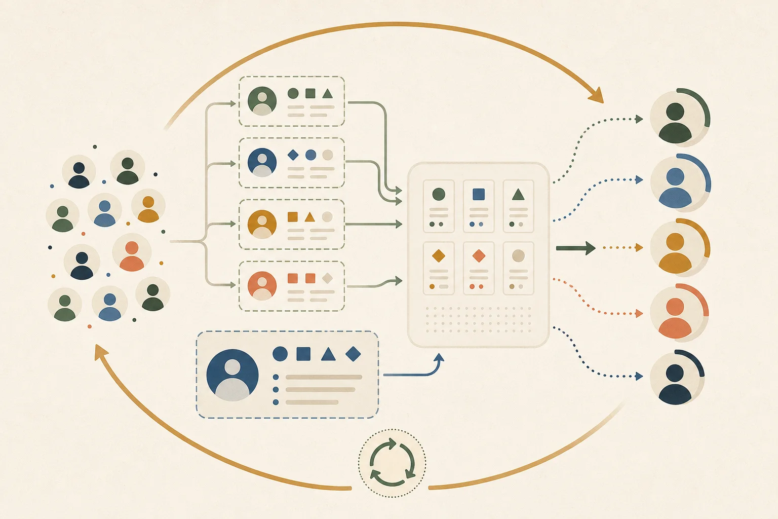 Creator test cells feed a shared evidence review and a loop that reallocates the next campaign portfolio.