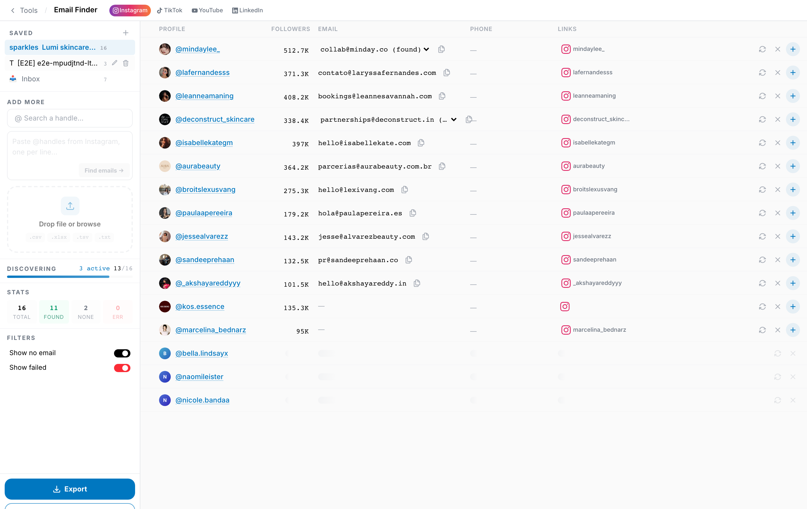 virev email finder — verified creator emails resolved in bulk from a list