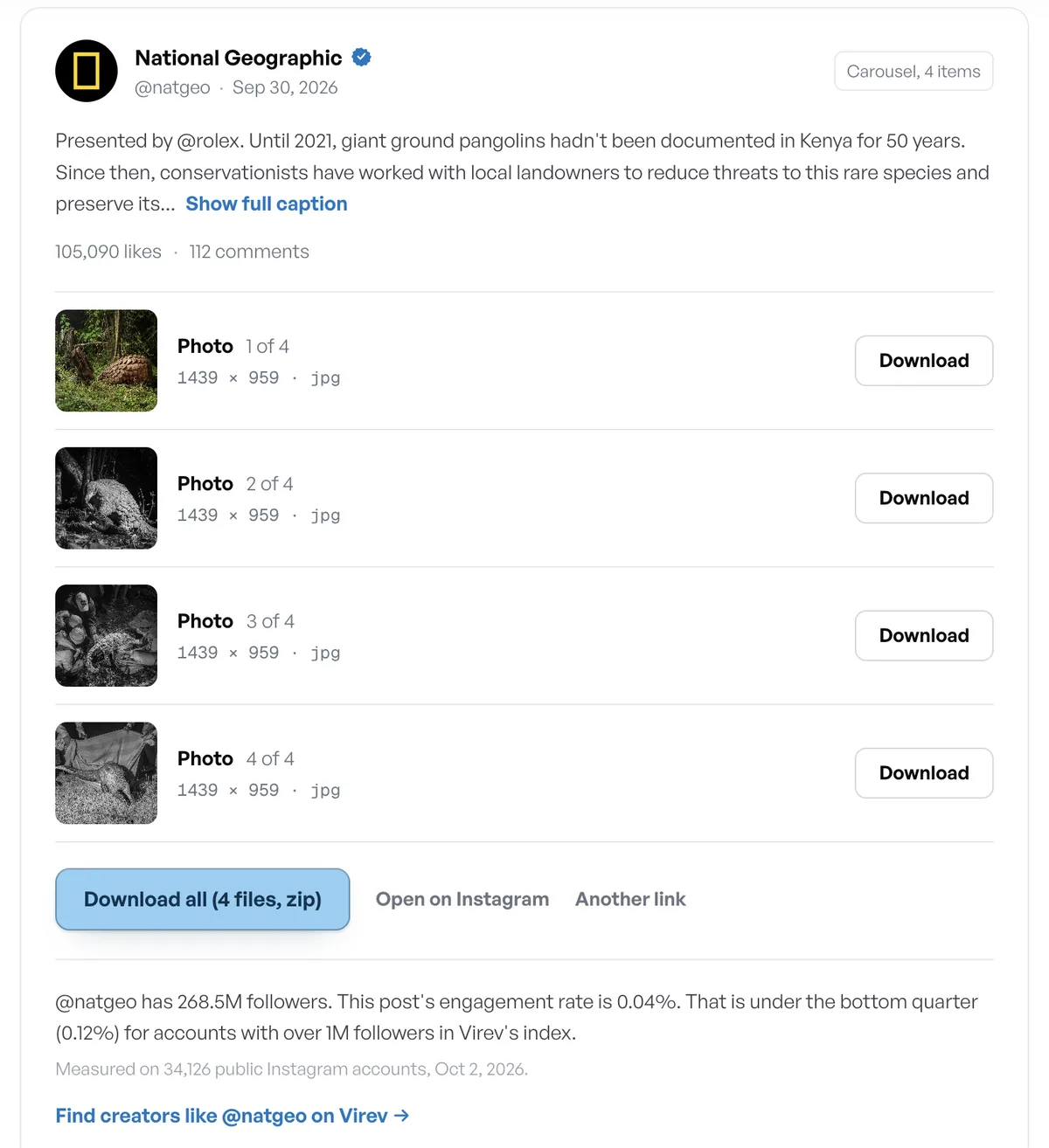 Screenshot of the downloader showing the natgeo carousel with four download buttons