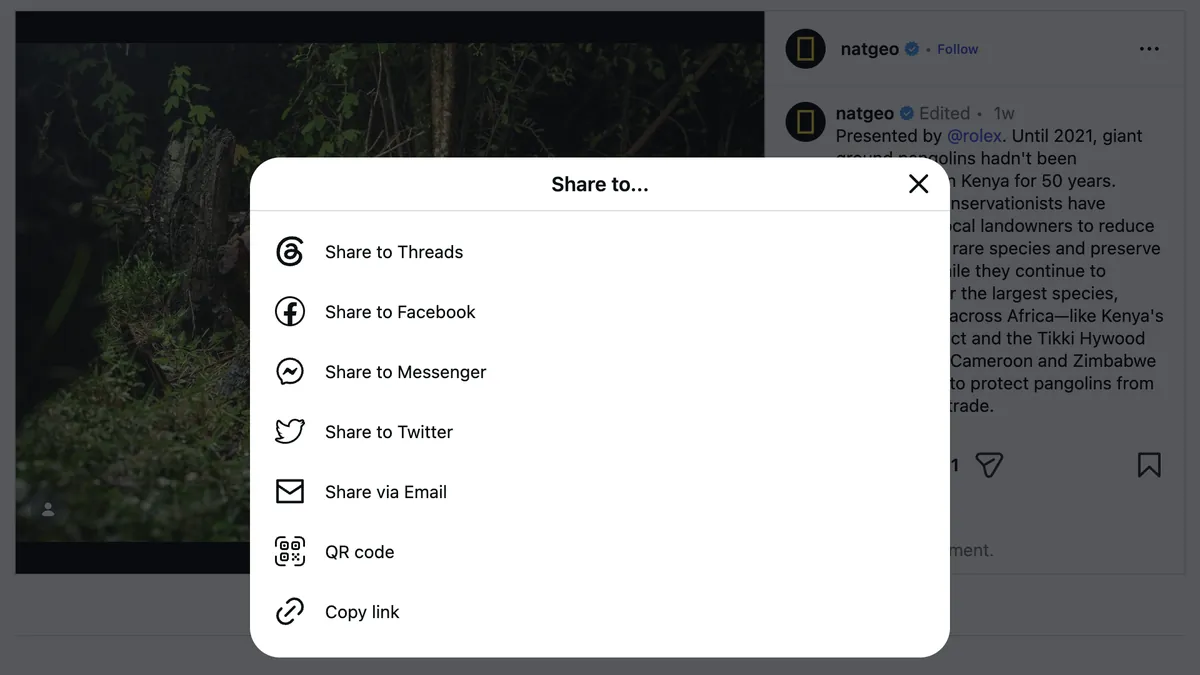 natgeoの投稿で開いたInstagramのシェアメニュー。一番下に「リンクをコピー」