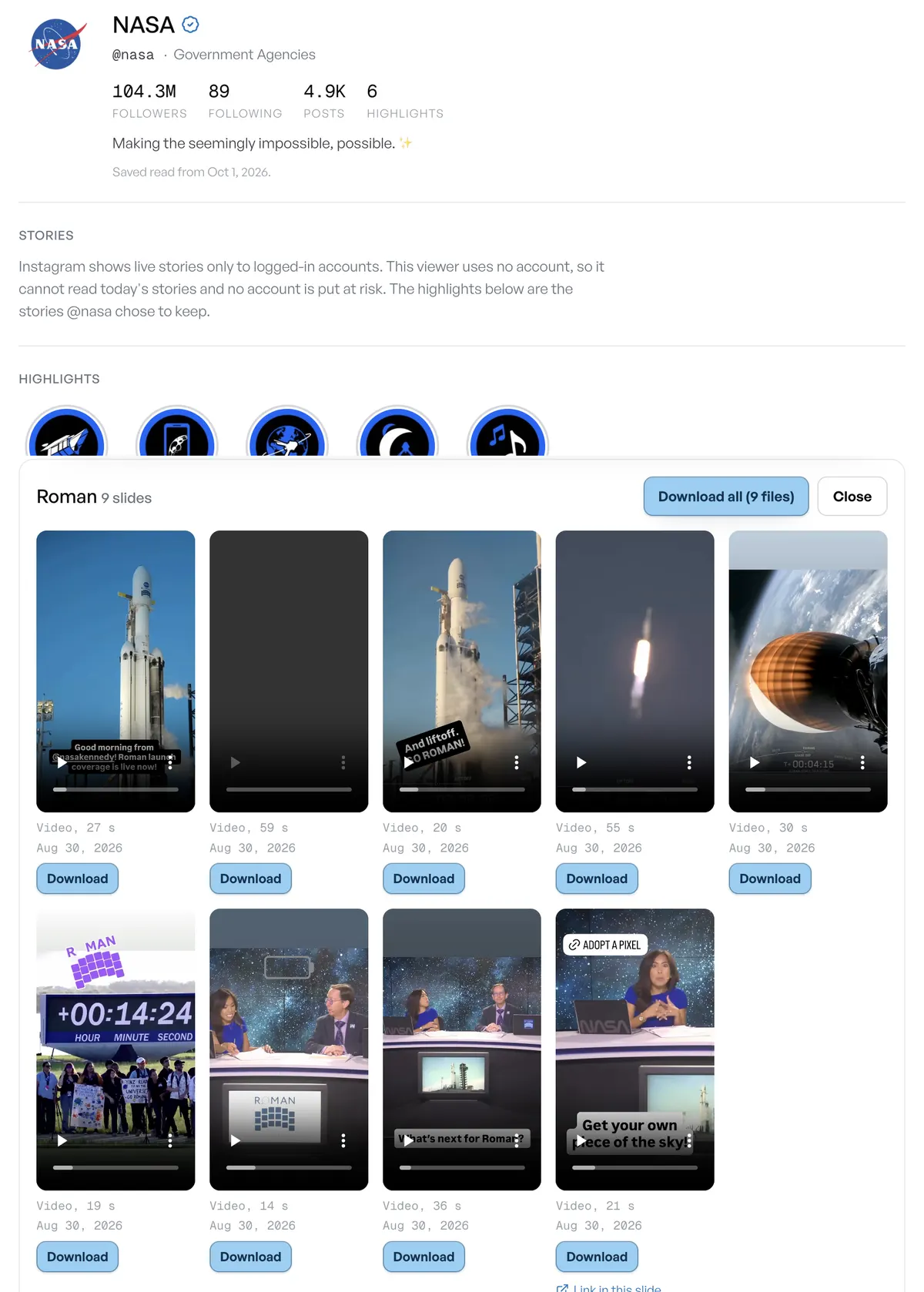 Instagram story viewer result for @nasa: six highlights, the Roman highlight open with 9 video slides, and the newest posts