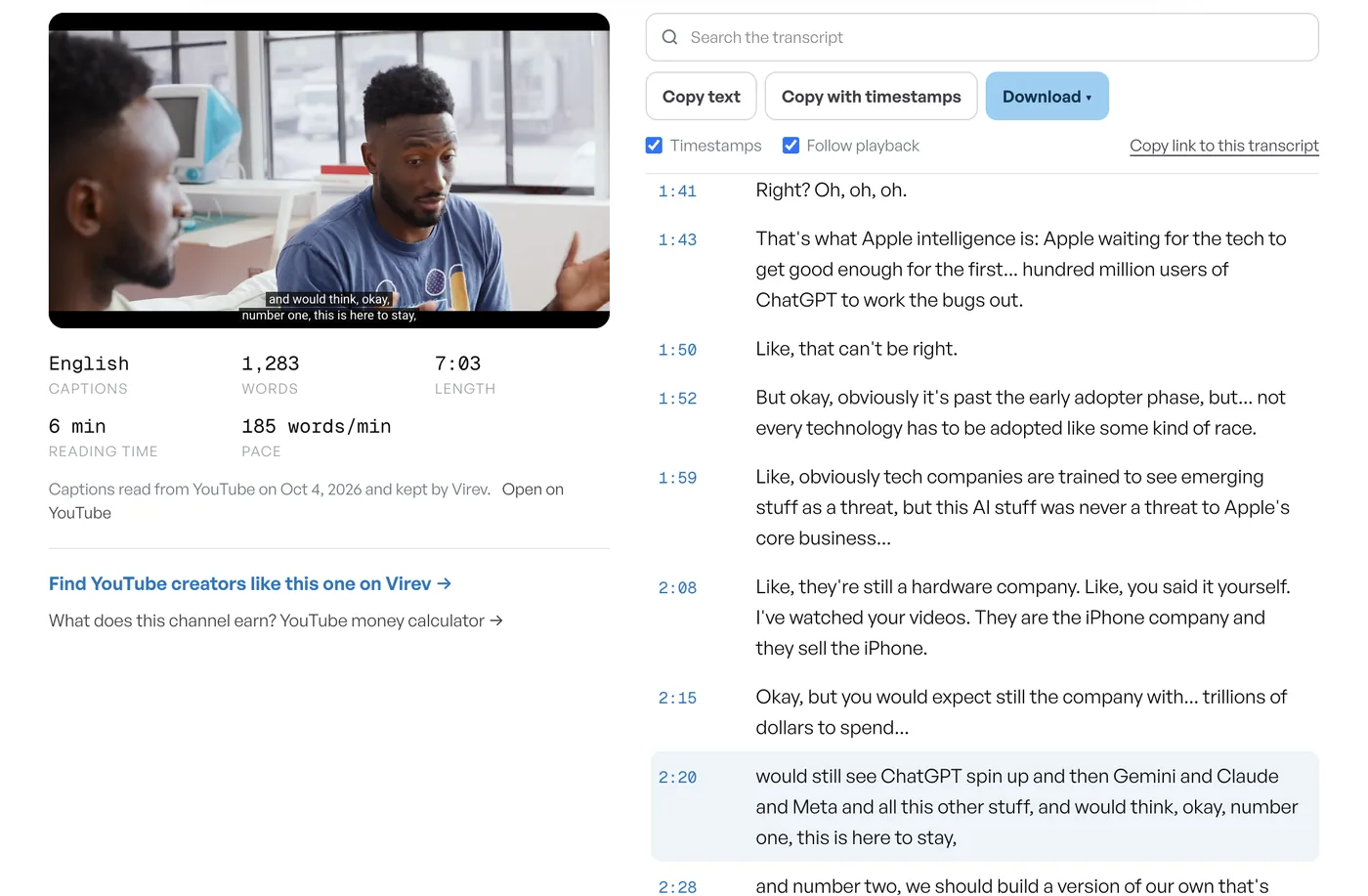 The YouTube transcript reader on virev.ai: video player on the left, timestamped transcript lines with a search box on the right